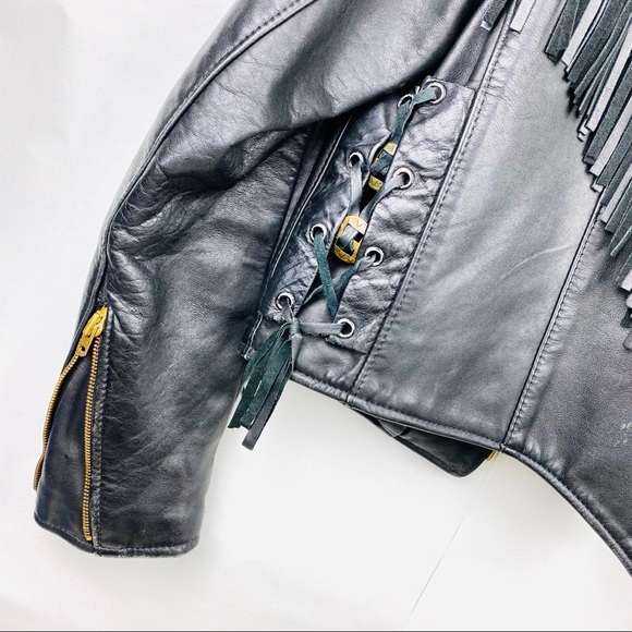 Vintage S Leather Jacket Biker Fringe Black Roses - Picture 3 of 8